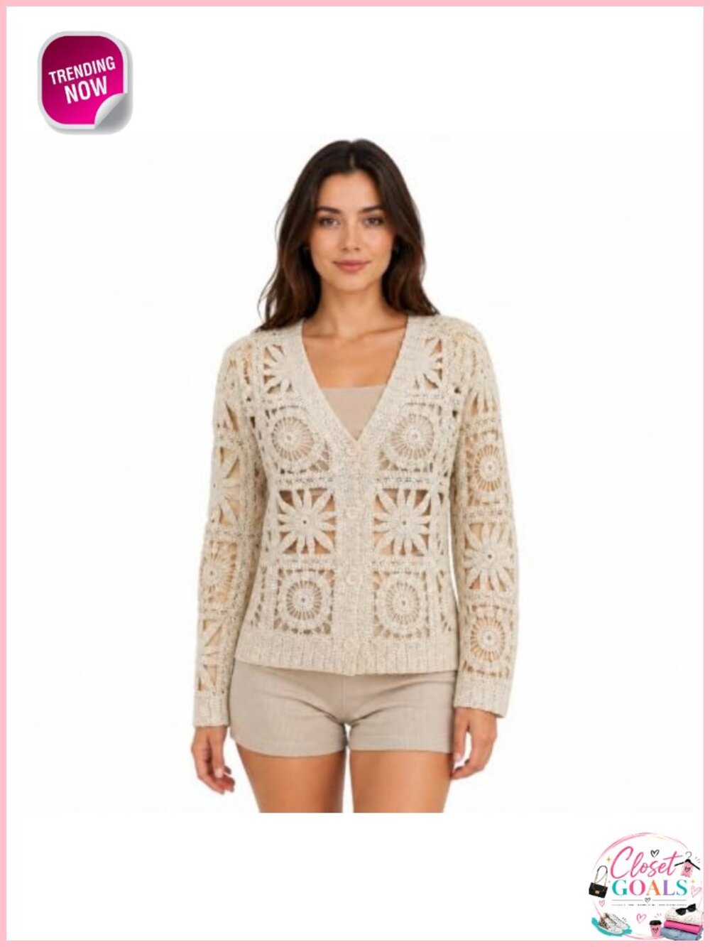 Floral Crochet Cardigan V-Neck Button Front Long Sleeve Boho Sweater